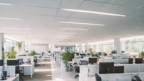 Clean and bright contemporary open plan office space featuring numerous empty workstations and green plants, creating an organized and inviting business environment