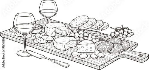 Cheese and Wine Charcuterie Board Line Art Illustration with Grapes, Bread, and Snacks Gourmet Food Outline Vector Design