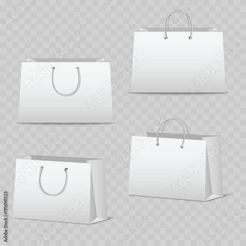 Realistic White Paper Shopping Bag Mockup Set. Vector Gift Packaging Template with Rope Handles