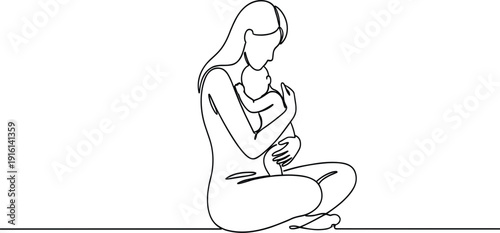 Continuous Line Art Mother Hugging Baby Minimal Outline Motherhood Love and Care Vector Illustration