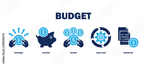 budget banner web icon vector illustration featuring icons of expenses, savings, income, cash flow, budgeting.