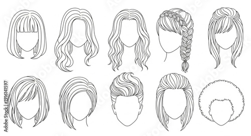 Collection of diverse hairstyles depicted with intricate line art.