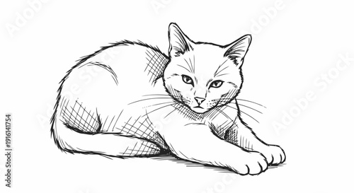 Black and White Cat Illustration Lying Down.