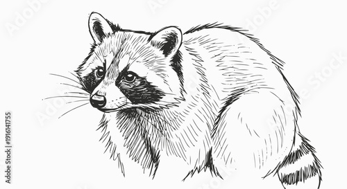 Detailed black and white raccoon illustration.