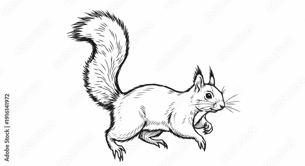 Obraz premium Black and White Squirrel Illustration Running.