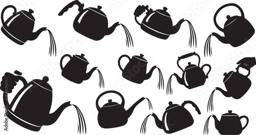 Black silhouette teapots pouring water in various styles freely