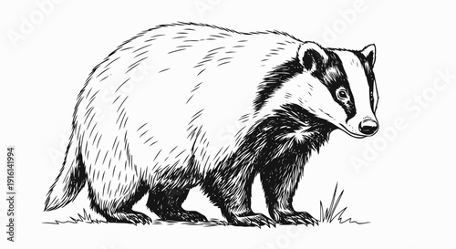 European Badger Standing on Grassy Ground.