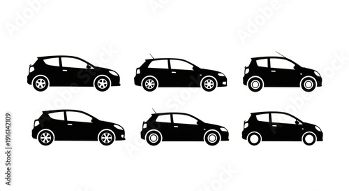 Set of Six Black Hatchback Cars Silhouettes on White Background