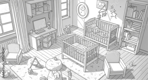 Whimsical Hand Drawn Nursery Room with Crib and Toys.