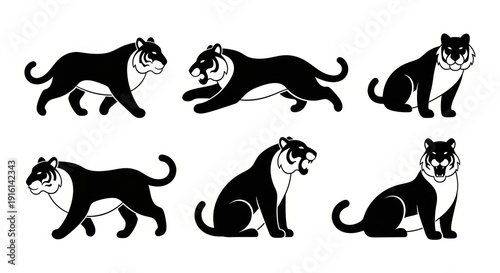 Set of Six Black Tiger Poses, Stylized Silhouette Vector Illustrations
