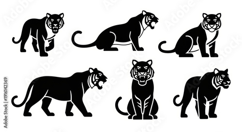 Set of Six Black Tiger Silhouettes in Various Poses, Vector Graphics