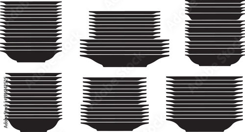 Stacked black plates on white background in six rows