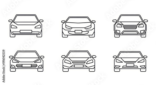 Set of six car front view icons, modern vehicle outlines on white background