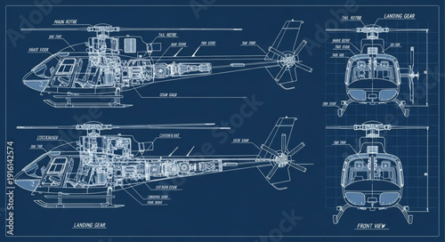 Helicopter blueprint technical drawing schematic diagram.