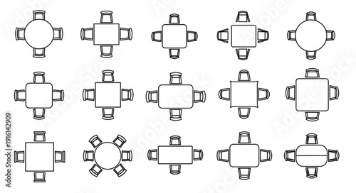 Collection of various table and chair arrangements for dining or meeting spaces.