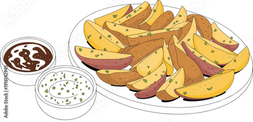 Crispy roasted potato wedges on a plate with dipping sauces for snack appetizer and fast food vector illustration