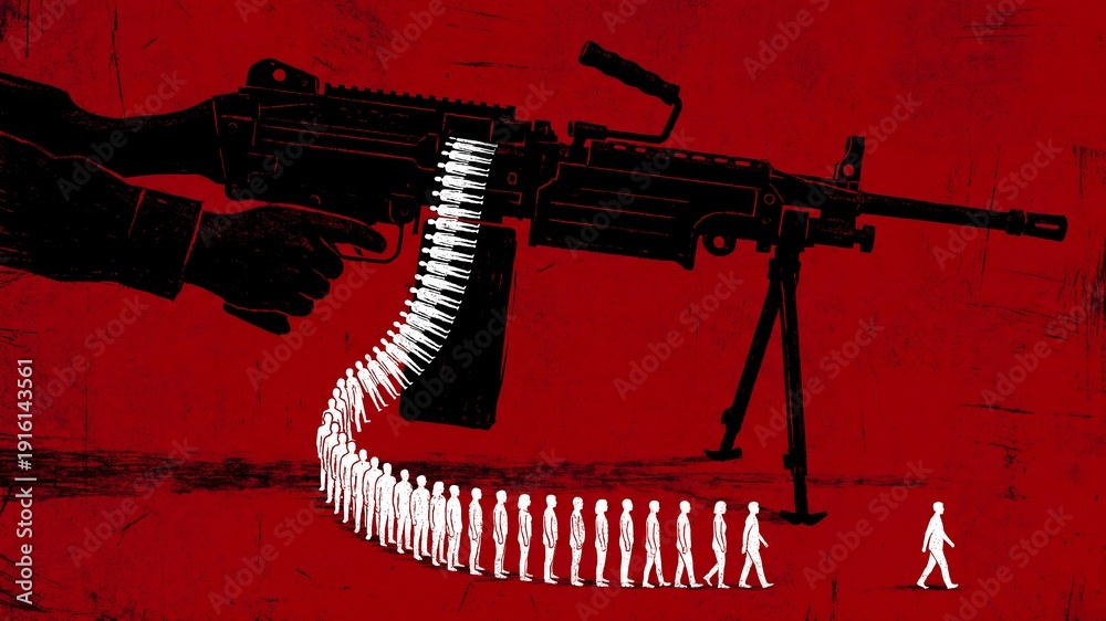 Fototapeta premium Striking visual illustration depicting human figures loading into a heavy machine gun belt against a stark, textured crimson background symbolizing conflict and danger.