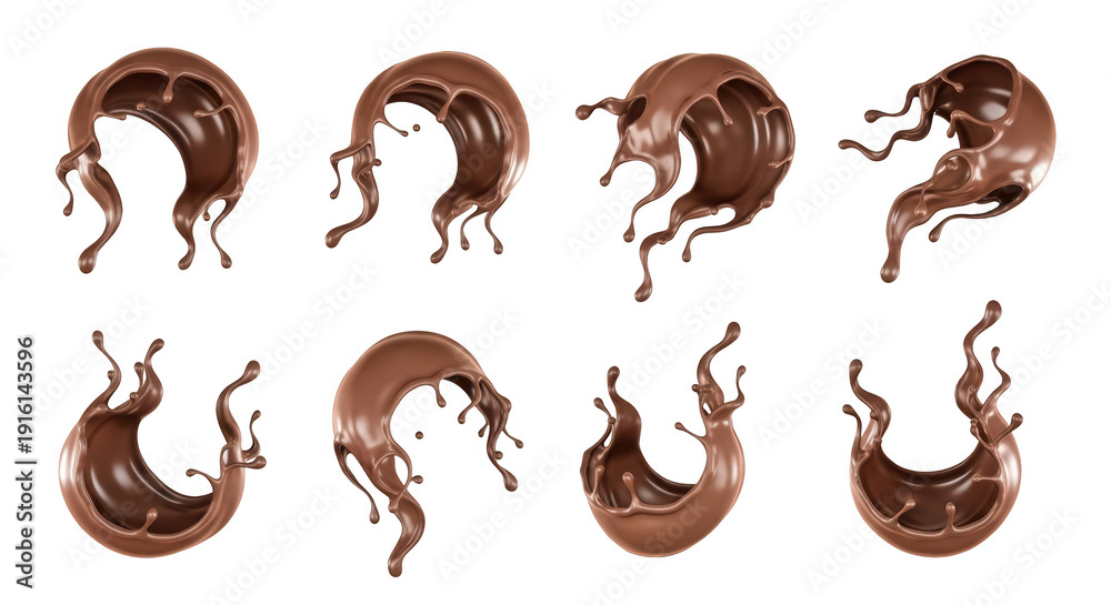 Obraz premium chocolate splashes liquid brown substance creating dynamic circular shapes against a clean white backdrop food visuals