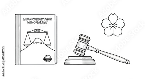 Japan Constitution Memorial Day law book gavel and cherry blossom scales of justice