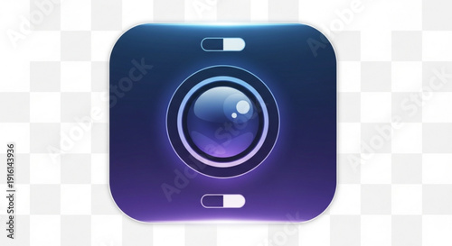 Camera shutter button icon with flash and lens on purple background for photography and editing software
