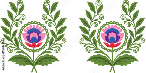 Decorative floral folk art ornament with colorful flower and green leaves symmetrical traditional pattern vector illustration isolated design