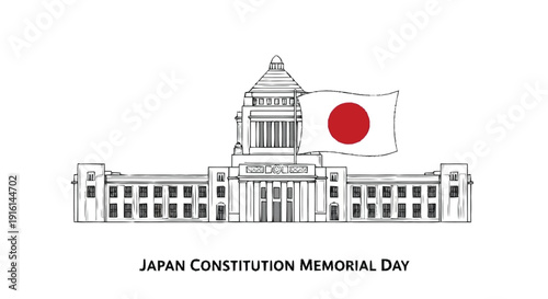 Japan National Diet Building with Japanese flag on Constitution Memorial Day government building