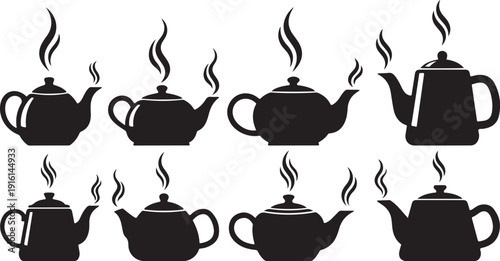 Collection of teapot silhouettes with steam rising from them