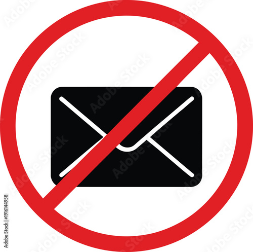No email allowed prohibition sign icon with crossed envelope symbol in red circle for communication restriction and privacy signage design