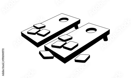 Cornhole board game set outline illustration with bean bags, outdoor lawn game equipment for backyard tailgate party and recreational activity fun design element