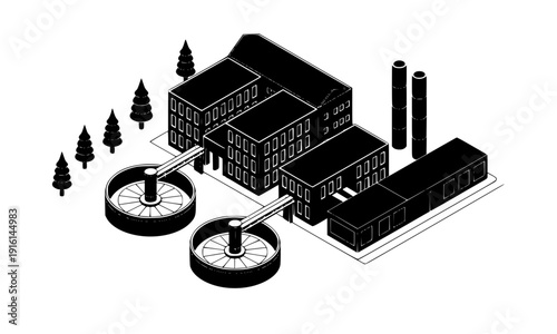 Isometric industrial water treatment plant with circular tanks buildings and chimneys in black outline, factory facility architecture for urban infrastructure and engineering concept design