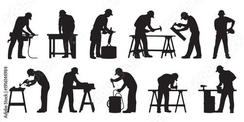 Carpenters silhouettes working with wood and tools on sawhorses at construction site