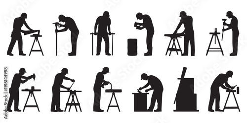 Silhouettes of construction workers performing various manual labor tasks with tools