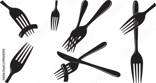 Collection of black fork and knife silhouettes on white