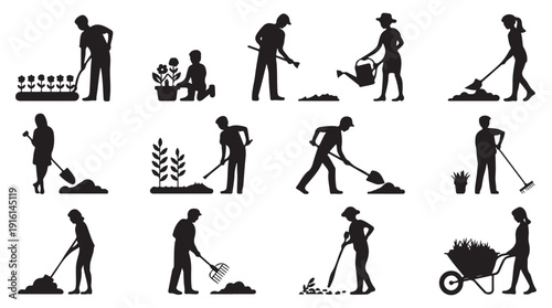 Gardening silhouettes, people working with plants, soil and tools for outdoor activities