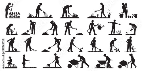Agricultural labor silhouettes collection workers planting watering digging soil using various farm tools
