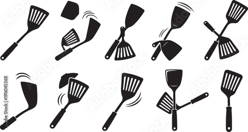 Collection of kitchen utensils in motion on white background