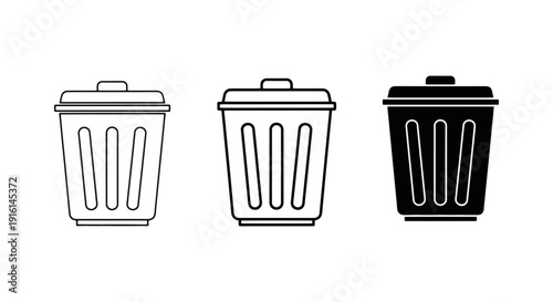 Set of three trash can icons in different styles.
