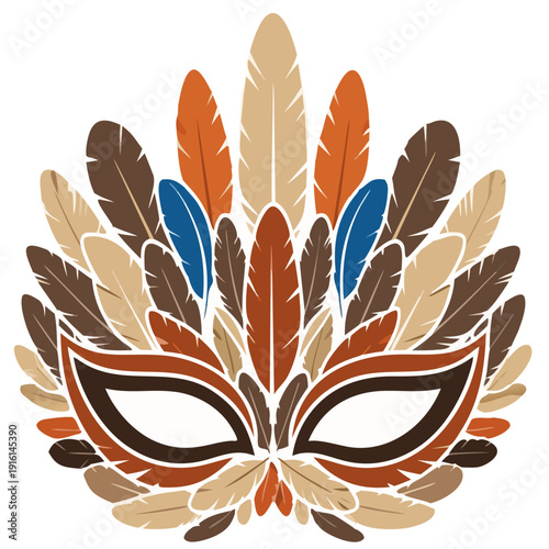 Vector Decorative Feather Carnival Mask in Earth Tones, Tribal Festival Costume Design, Symmetrical Boho Headdress Illustration Isolated on White Background
