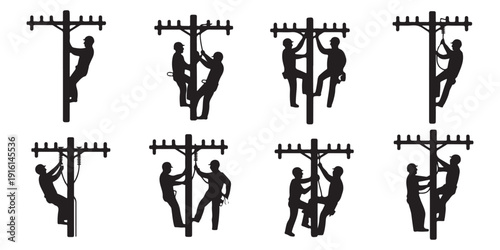 Electrician climbing a utility pole, working on power lines, maintaining infrastructure
