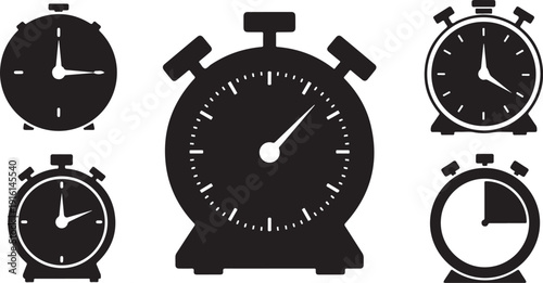 Collection of various black alarm clocks and timers icons