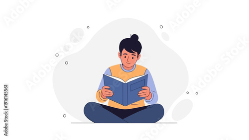 Young person reading a book, sitting cross-legged, knowledge, education, learning, illustration