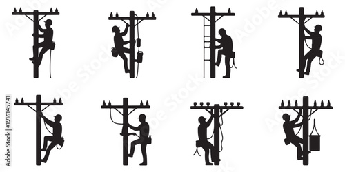 Lineman climbing electric pole, working on power lines, utility worker, safety gear, electrical maintenance