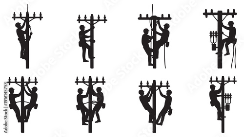 Linemen on electric pole, teamwork, working together, utility workers, power line maintenance