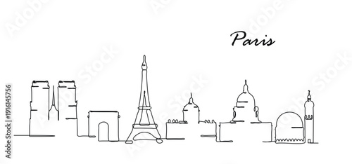 Minimalist continuous line art drawing of the iconic Paris cityscape featuring well known architectural sights Abstract illustration of the French capital with its famous monuments