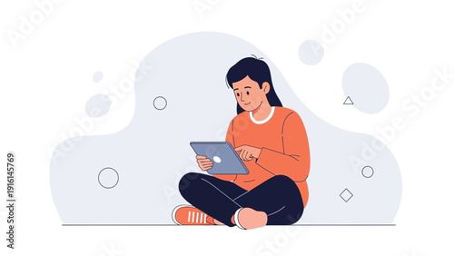 Young person sitting cross-legged using a digital tablet, flat illustration