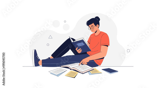 Young person reading books, studying, learning, knowledge, education concept illustration