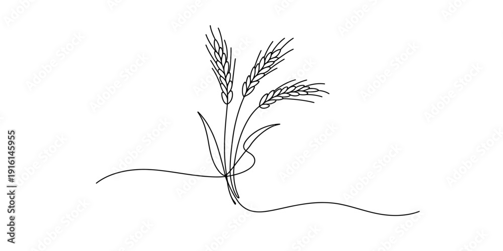 Naklejka premium Minimalist hand drawn line art illustration of three wheat stalks tied with a string on white background Vector, illustration