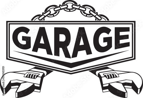 Garage sign with wrenches and chains for automotive repair and maintenance workshop