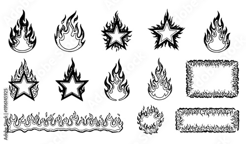 Y2K grunge flame frame and burning star vector collection