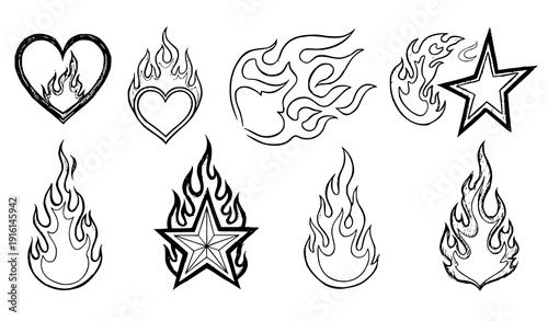 Y2K burning heart and flame grunge vector collection
